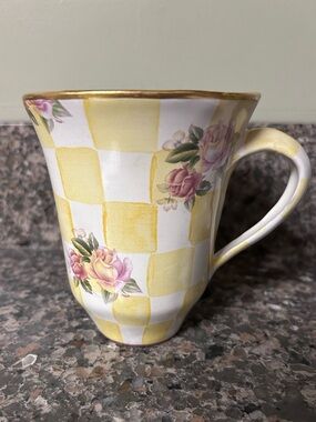 Authentic MacKenzie-Childs yellow checks enamel mug